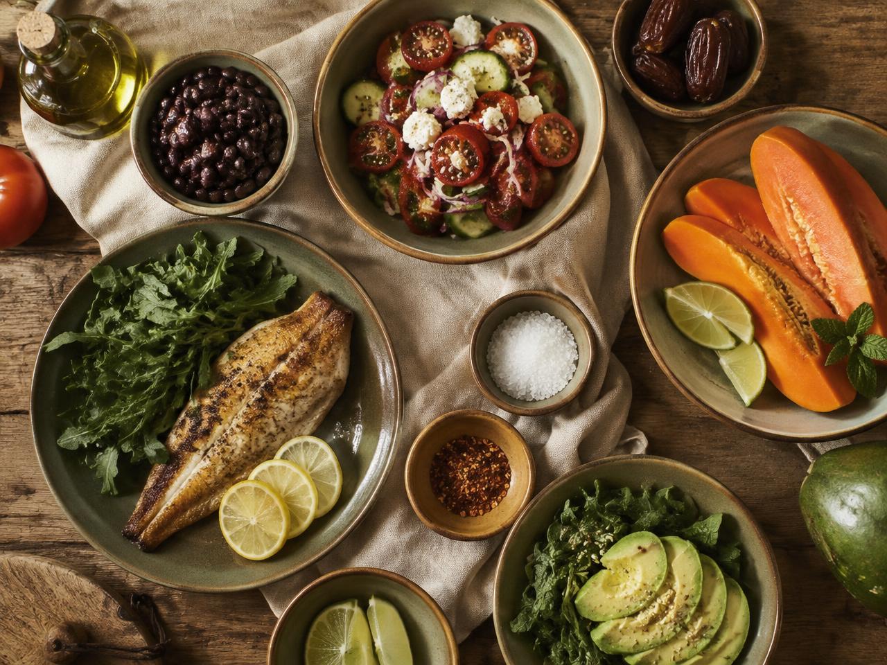 Mesa con frijoles, pescado, papaya, aguacate y aceite de oliva